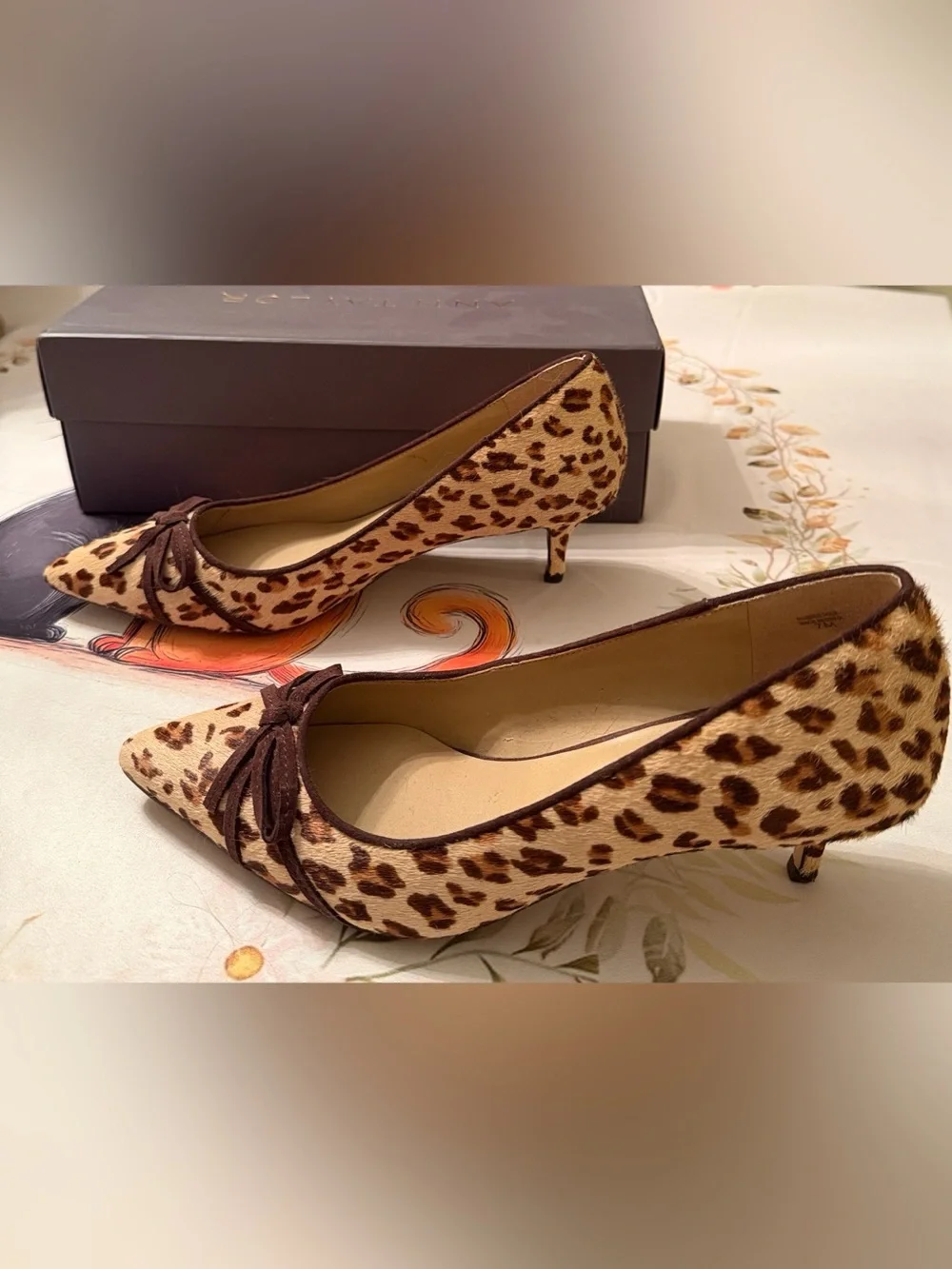 Ann Taylor Leopard Print Pointed Toe Pumps with Brown Bow